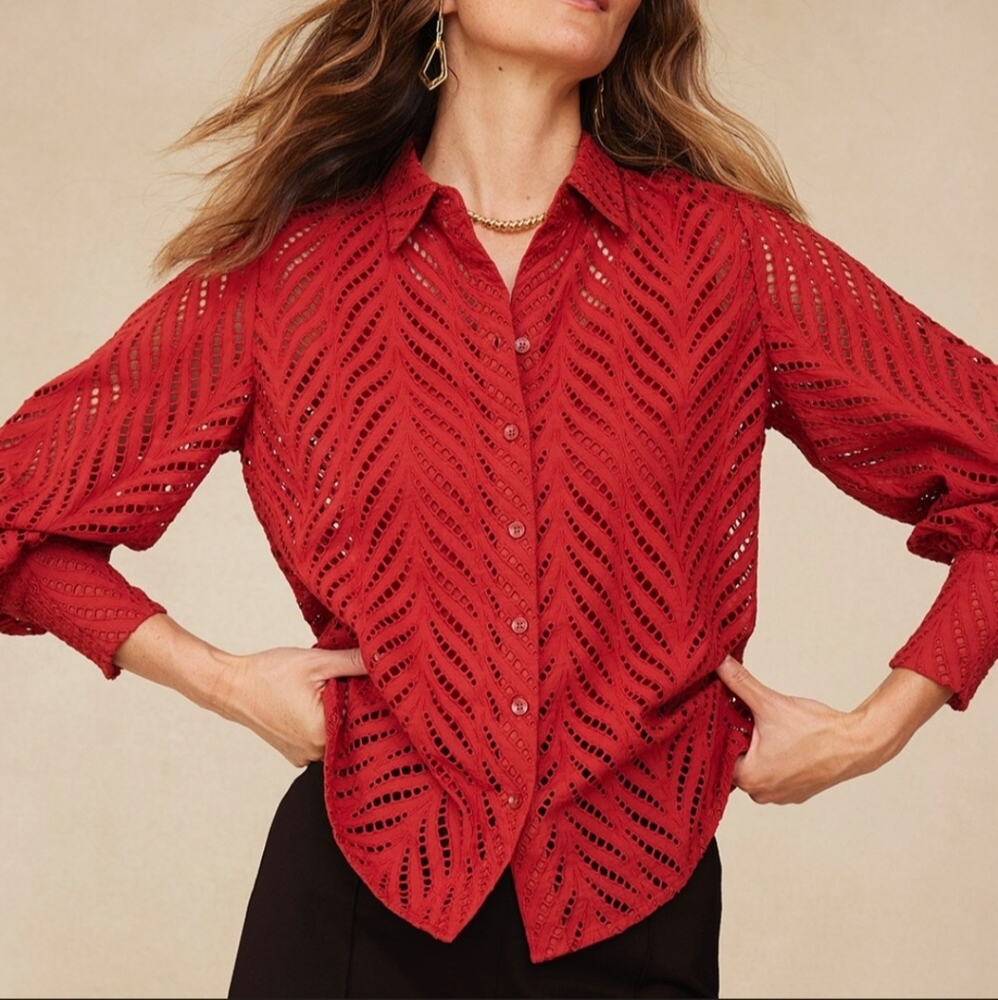 Chico's Button-up Shirt Burn Orange Embroidery Eyelet Includes Lined Top Sz 14